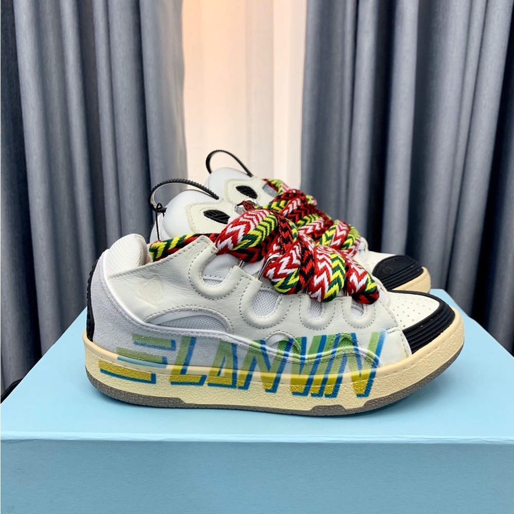 Lanvin Kids White Sneakers with Black Toe and Multicolor Braided Laces